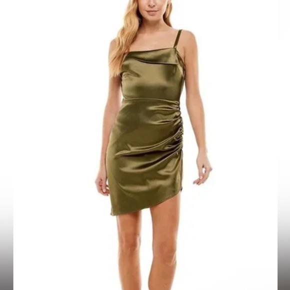 City Studio Dresses & Skirts - City Studio Asymmetrical Olive Satin Dress. Size M. NWT
